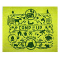 Load image into Gallery viewer, Green Swedish dishcloth with green camping-themed designs and Camp It Up take a hike, sparks fly, love s'more text.
