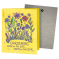 Load image into Gallery viewer, Yellow floral-patterned swedish sponge cloth with gardening good for the soil great for the soul text and black logo on back