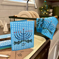 Load image into Gallery viewer, Menorah Hanukkah Blue Greeting with polka dots and love and light text turns into reusable, washable cleaning cloths