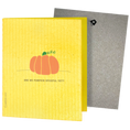 Load image into Gallery viewer, pumpkin graphic on yellow greeting card that turns into a reusable cleaning cloth. Are we pumpkin spiceful yet?