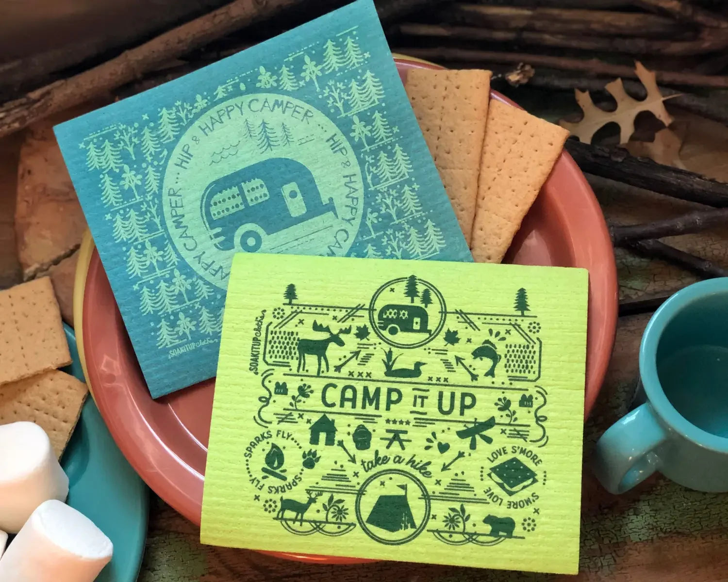 Image of Soak iT Up Cloths cute "Hip and Happy Camper Cloth" and illustrated  "Camp iT Up Cloth'