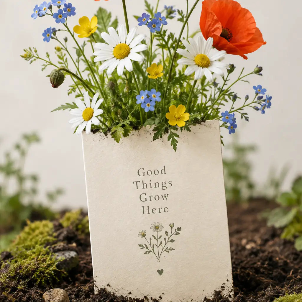 A cream seed paper card with good things grow here text and floral design standing in soil for eco friendly use