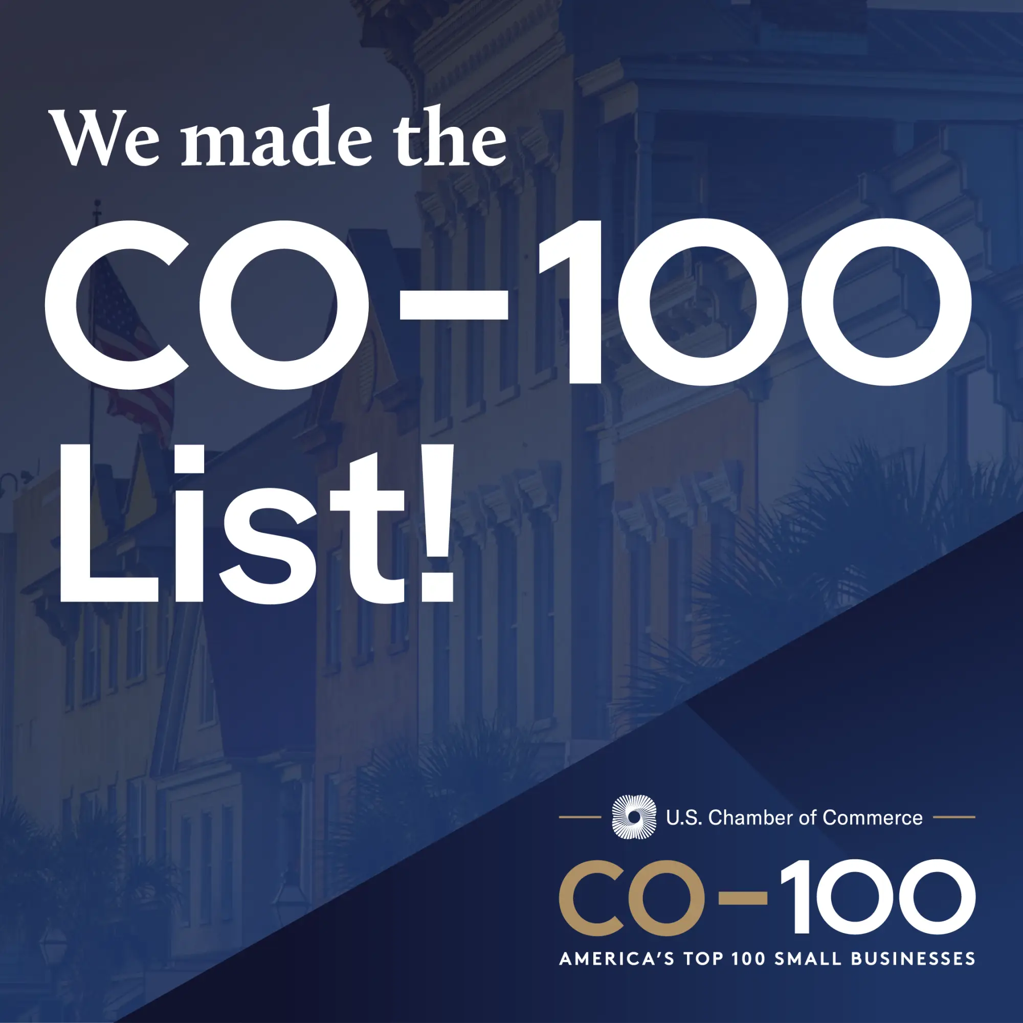 Dark blue graphic with bold white text announcing soak it up made the 2026 co-100 list for small businesses paper towels and greeting card innovation