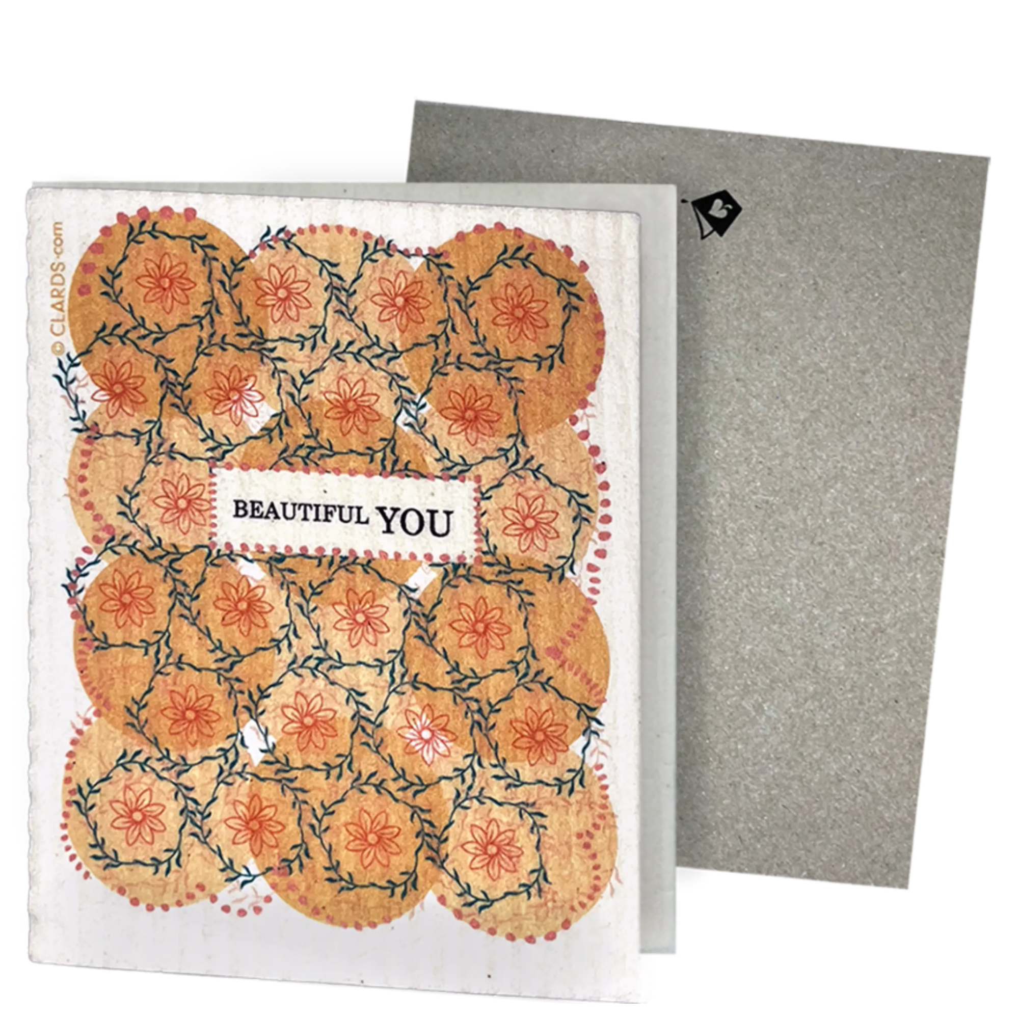 Clards eco-friendly greeting card -  floral pattern and 'Beautiful You' text - turns into 2 reusable sponge cleaning cloths.  