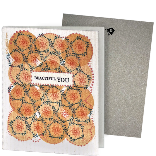 Clards eco-friendly greeting card -  floral pattern and 'Beautiful You' text - turns into 2 reusable sponge cleaning cloths.  