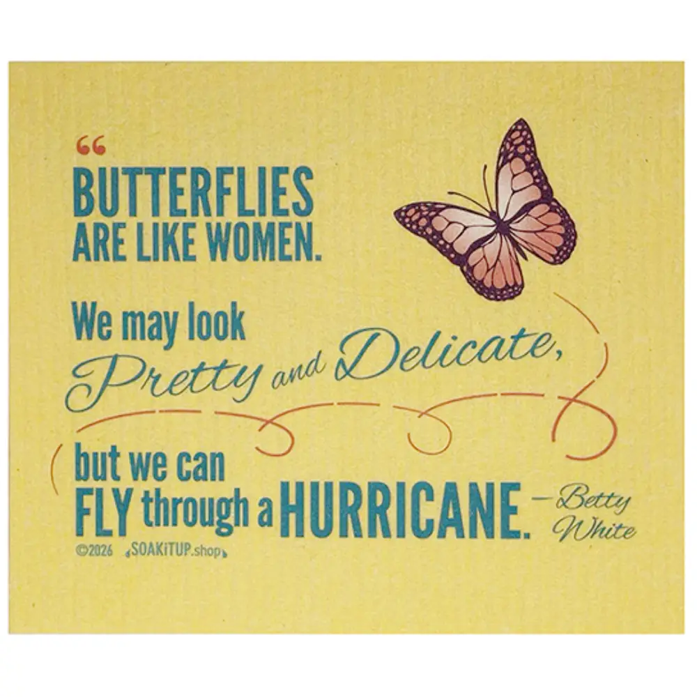 A square art print with a textured pale yellow background featuring a quote by Betty White about butterflies and hurricanes in blue and cursive text, plus an illustrated butterfly in pink and brown.