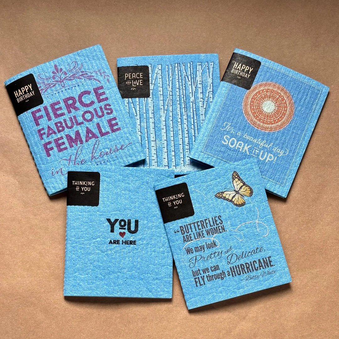 Set of blue greeting Clards greetings that turn into reusable cleaning cloths, Swedish dishcloths with various messages soakitup.shop