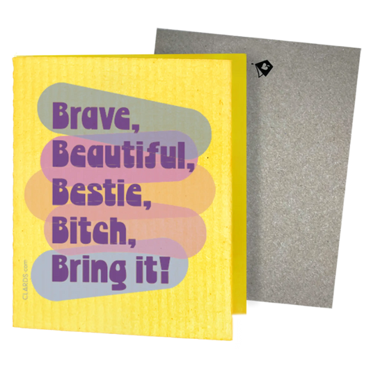 Bright yellow swedish sponge cloth with purple brave beautiful bestie bitch bring it text on colorful gradient background