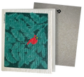 Load image into Gallery viewer, A red cardinal on teal pine branches on a white embossed eco greeting card turns into reusable swedish sponge cloths
