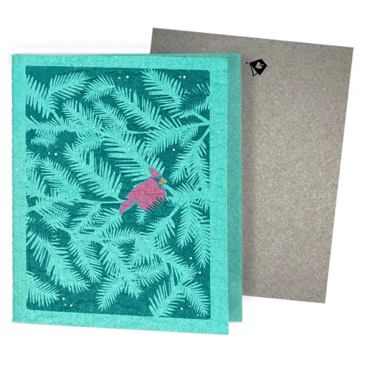 A teal textured reusable swedish sponge cloth with an embossed pink cardinal and pine branches design greeting card turns eco-friendly