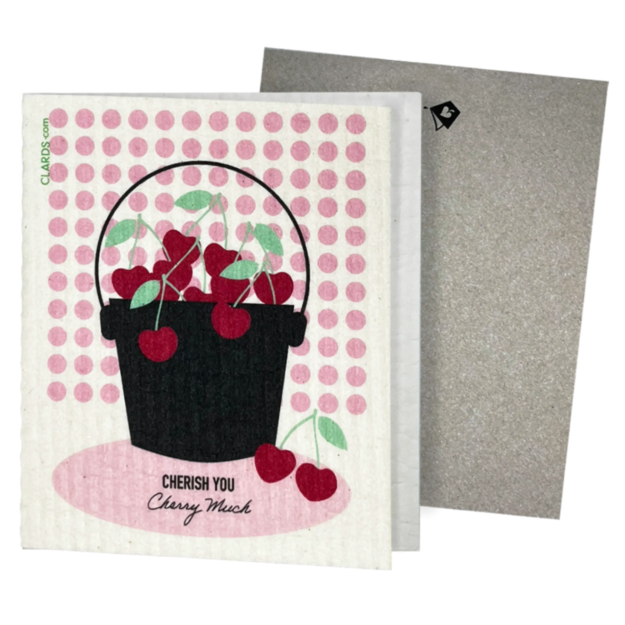 Clards eco-friendly greeting card - Cherry bucket polka dot backgound - turns into 2 reusable sponge cleaning cloths.