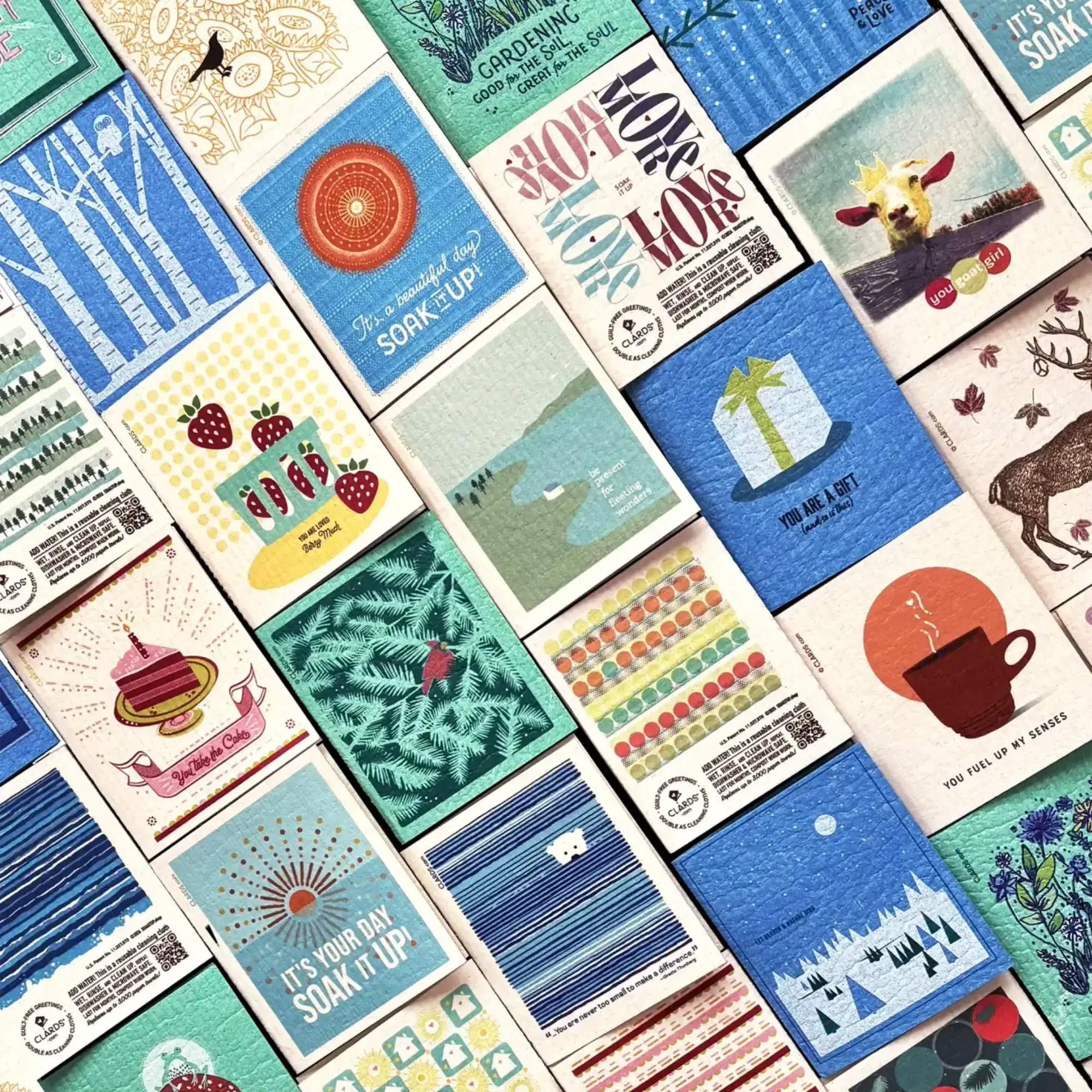 A collection of colorful, illustrated patented Clards® greetings that turn into reusable paper towel alternative with various nature-themed and motivational greetings that clean up-literally. 