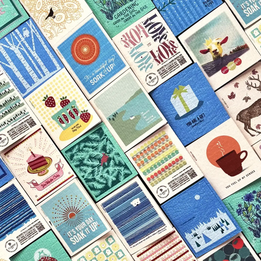 A collection of colorful, illustrated patented Clards® greetings that turn into reusable paper towel alternative with various nature-themed and motivational greetings that clean up-literally. 