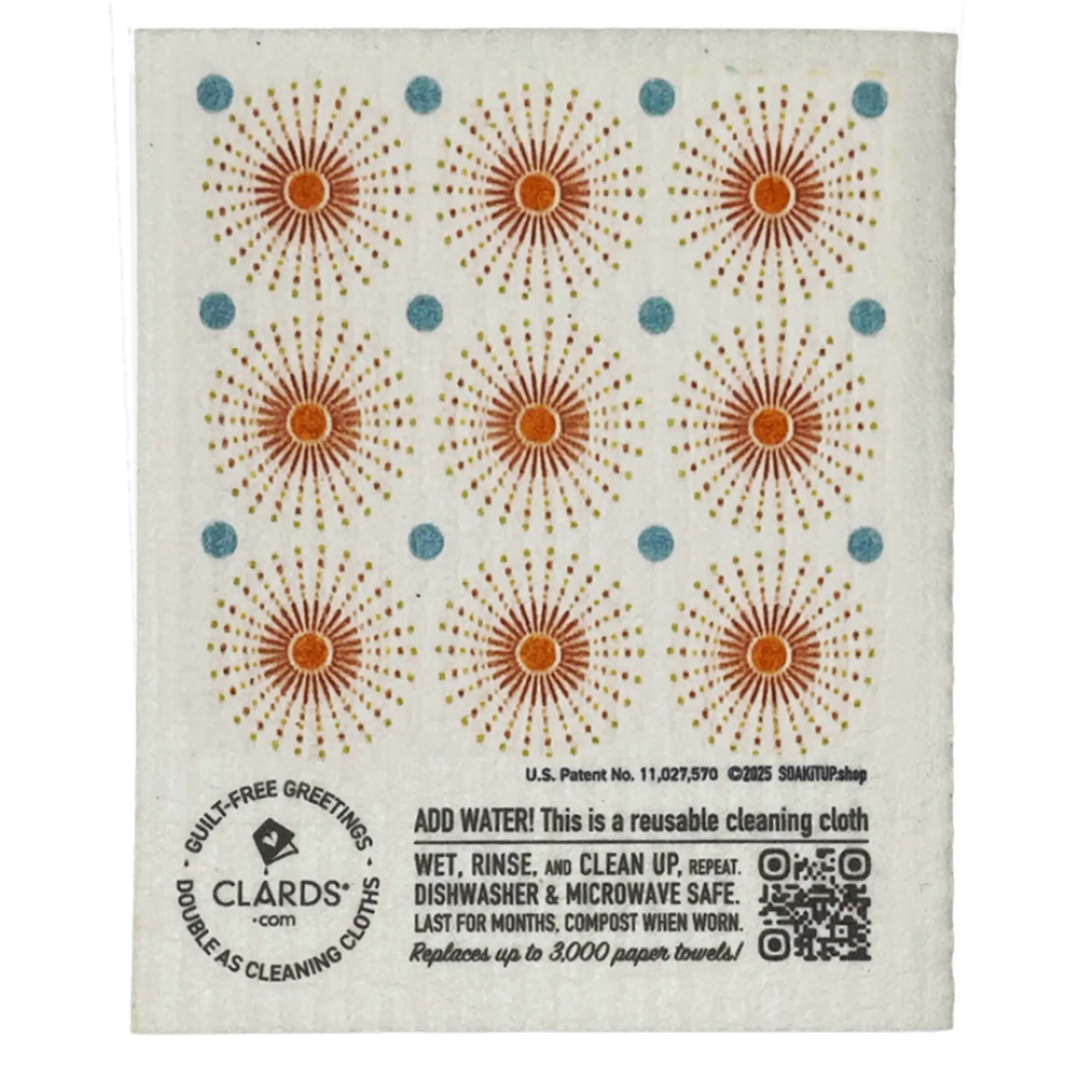 Reusable cleaning cloth with sunburst pattern and Clard's branding on a white background. Greeting that turns into a reusable cleaning cloth. Soakitup.shop
