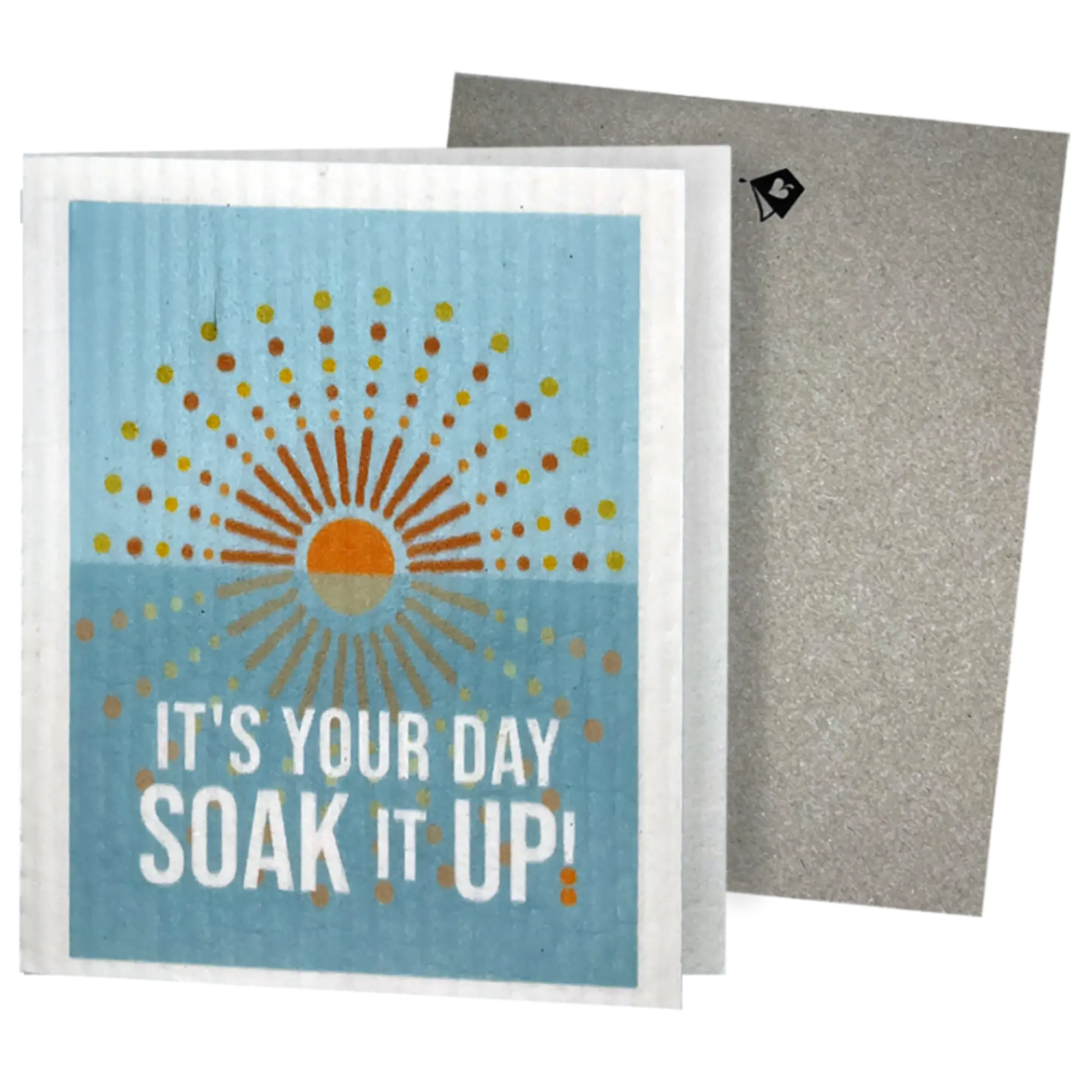 Greeting Clards® with sun design and text 'It's your day, soak it up!' on a blue background with envelope. Greetings that turn into reusable cleaning cloths. Soakitup.shop