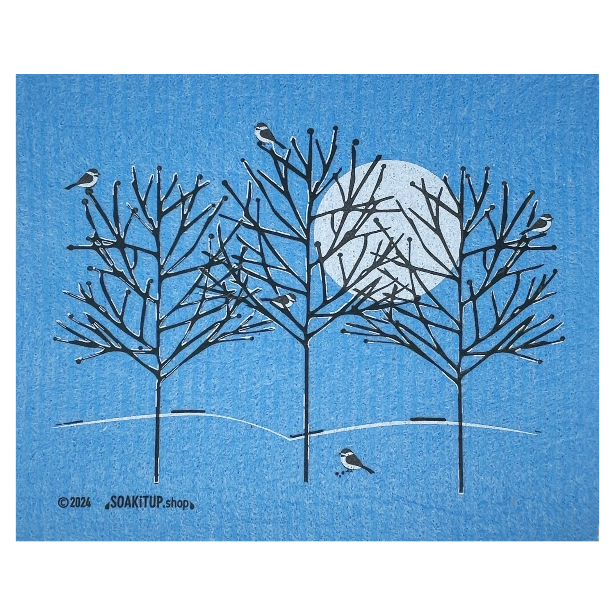 Five Chickadees on Frosted Branches - Swedish Dishcloths