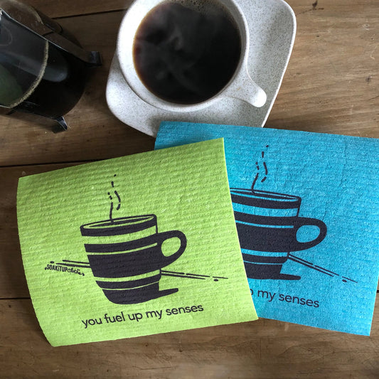you fuel up my senses—coffee in teal - Swedish Dishcloths