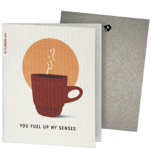 Clards eco-friendly greeting card - coffee cup illustration and text 'You fuel up my senses' on a white background - turns into 2 reusable sponge cleaning cloths.
