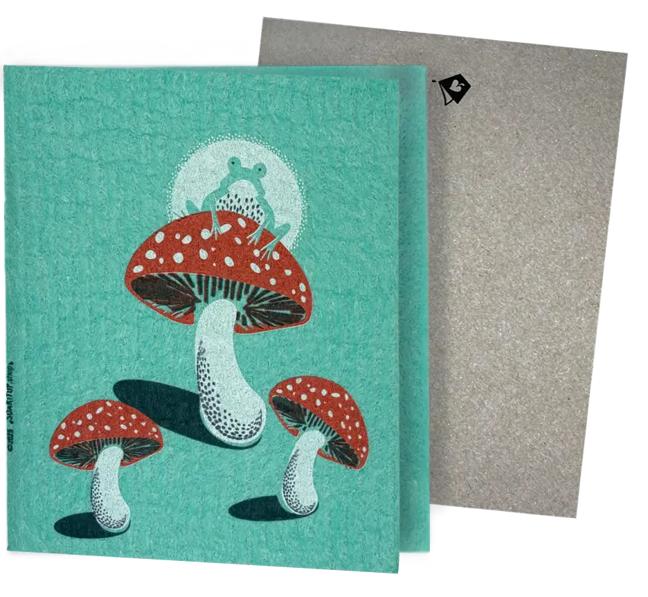  Clards eco-friendly greeting card - Fungi Frog on red polka dot mushroom green card  - turns into 2 reusable sponge cleaning cloths