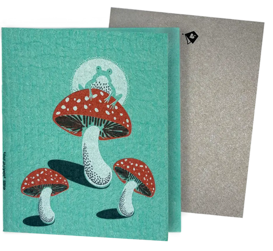  Clards eco-friendly greeting card - Fungi Frog on red polka dot mushroom green card  - turns into 2 reusable sponge cleaning cloths
