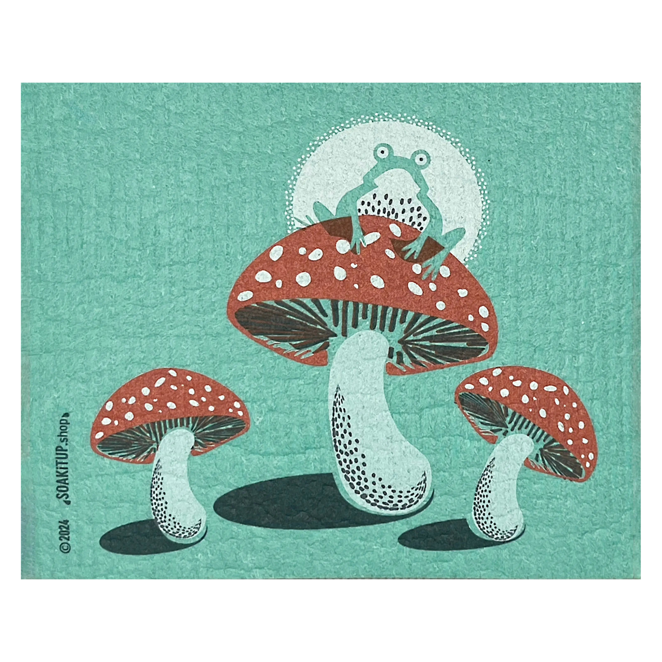 FUNgi Frog  on red polka dot mushroom- Swedish Dishcloths
