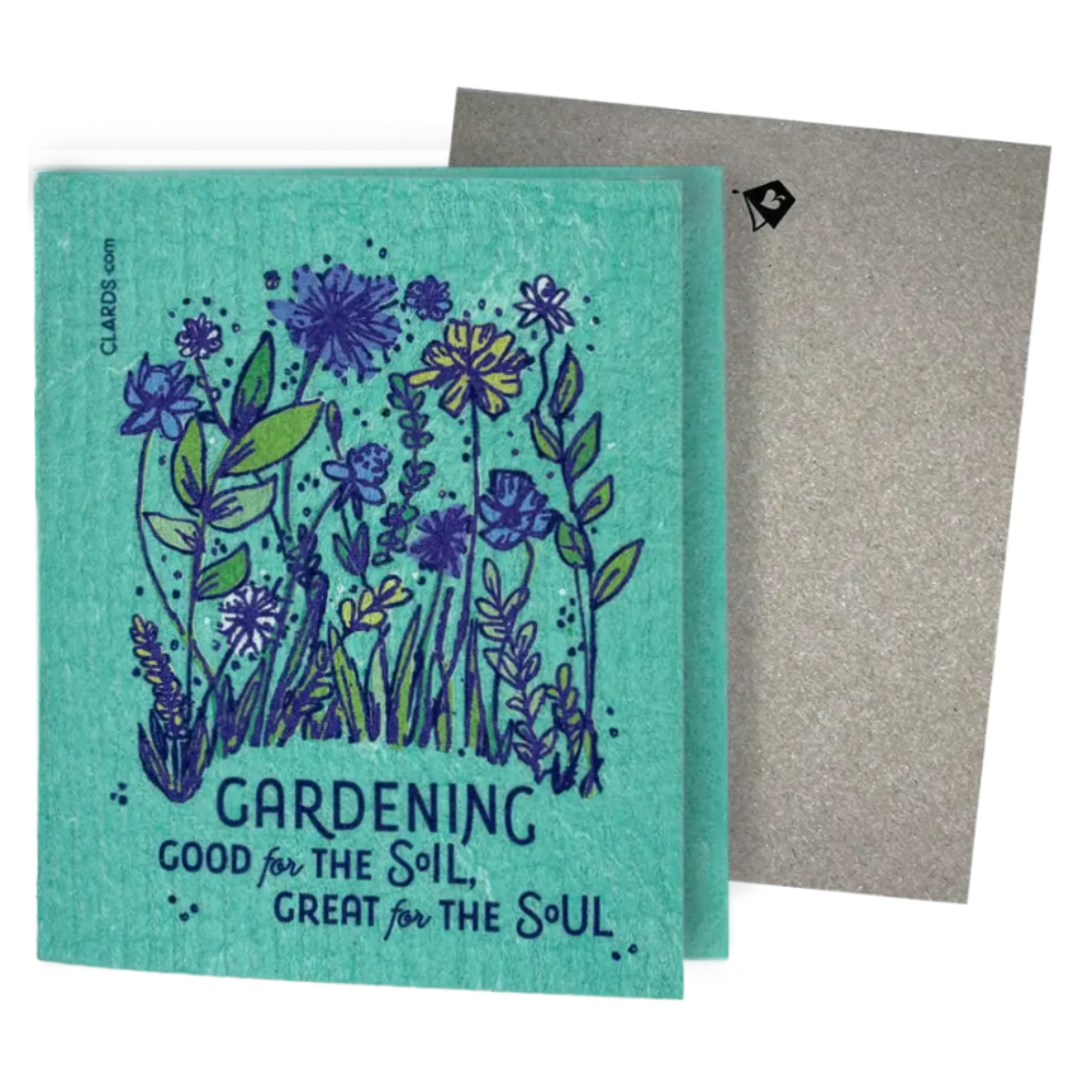Green Greeting card Gardening good for the Soil,  great for the SOUL.  With floral hand-drawn illustration. Clards—greeting turns into cleaning cloth. soakitup.shop