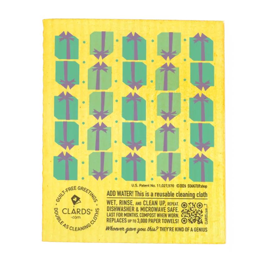 Yellow reusable swedish sponge cloth with teal gift box pattern from soak it up greeting card turns cleaning cloths