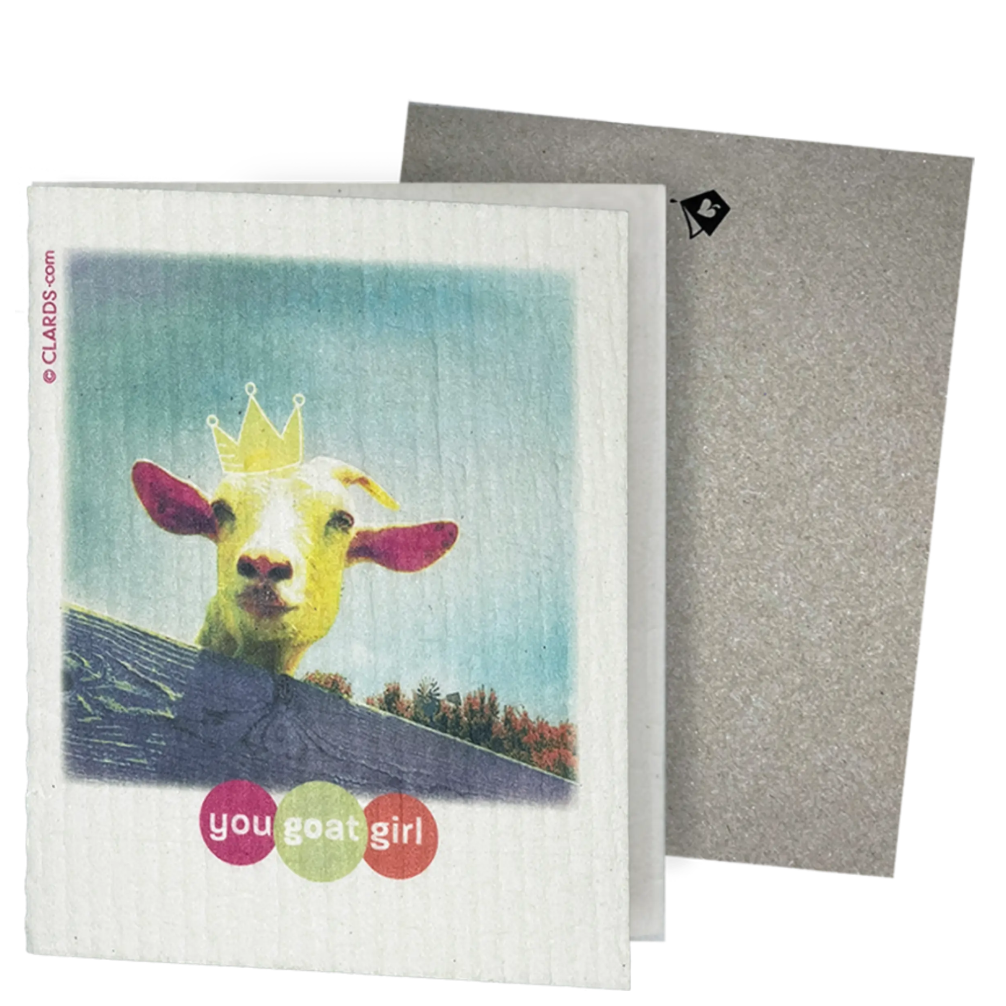 Clards eco-friendly greeting card - a goat wearing a crown and 'you goat girl' text, - turns into 2 reusable sponge cleaning cloths on a white background. 