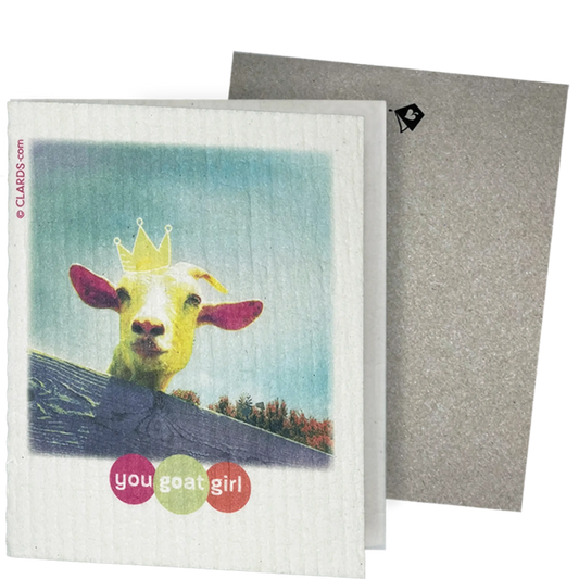 Clards eco-friendly greeting card - a goat wearing a crown and 'you goat girl' text, - turns into 2 reusable sponge cleaning cloths on a white background. 