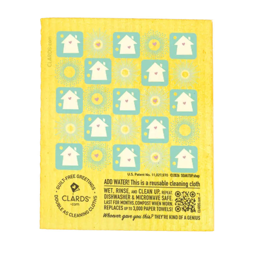 Yellow reusable clards cleaning cloth with white house pattern on teal squares guilt-free greeting card microwave safe