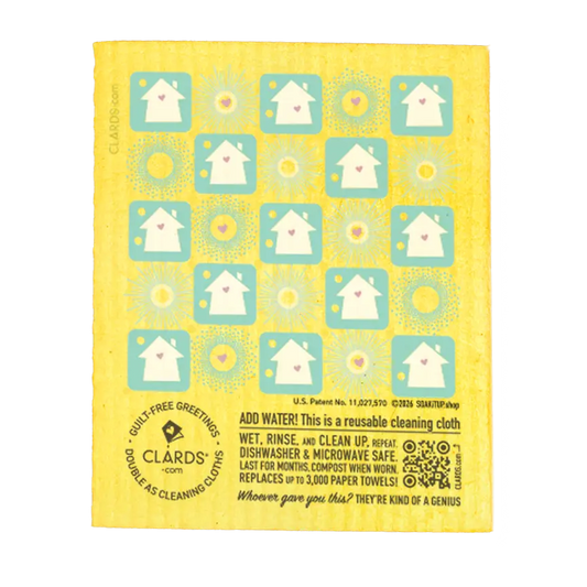 Yellow reusable clards cleaning cloth with white house pattern on teal squares guilt-free greeting card microwave safe