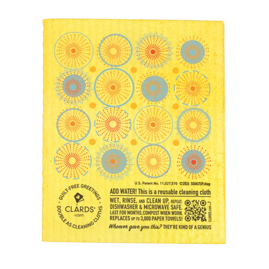 Bright yellow two reusable sponge cloths with blue and orange circles from soak iT up eco greeting cards