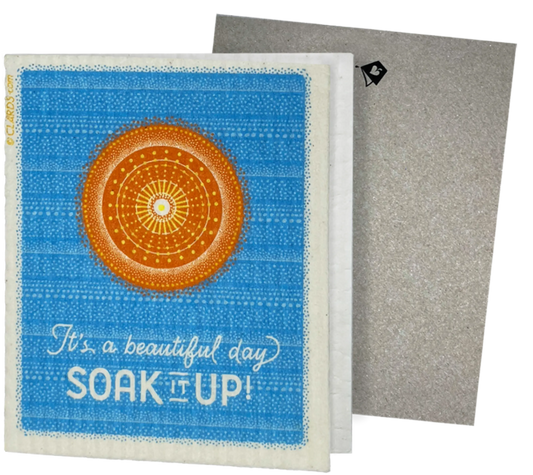 Clards eco-friendly greeting card - mid mod sunshine its a beautiful day soak it up text - turns into 2 reusable sponge cleaning cloths.