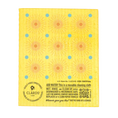 Load image into Gallery viewer, Yellow reusable swedish sponge cloth with orange sunburst and blue dots by clards as a guilt-free greeting card
