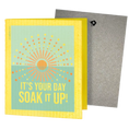 Load image into Gallery viewer, Yellow and teal reusable swedish sponge cloth with sunburst design and guilt free greeting card soak it up text
