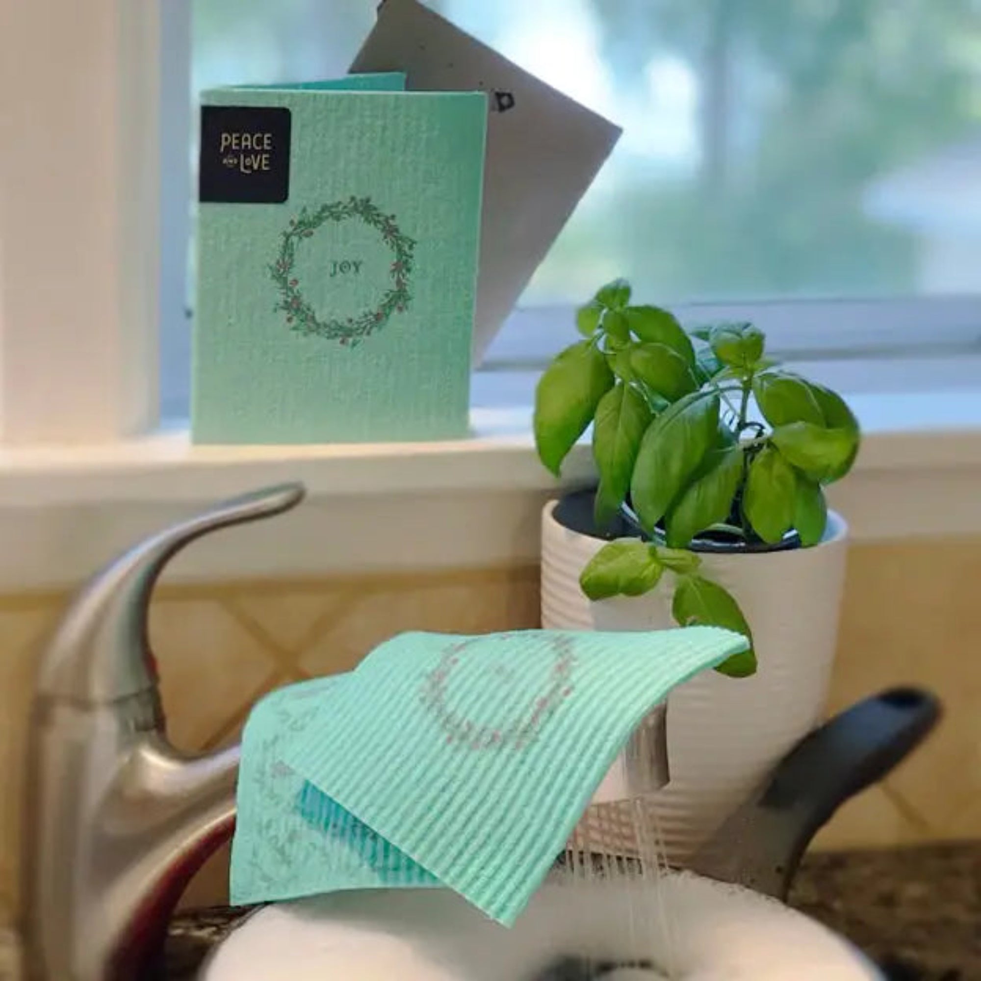 Joy Holiday Wreath Clard—Greetings that turn into reusable cleaning cloths soakitup.shop