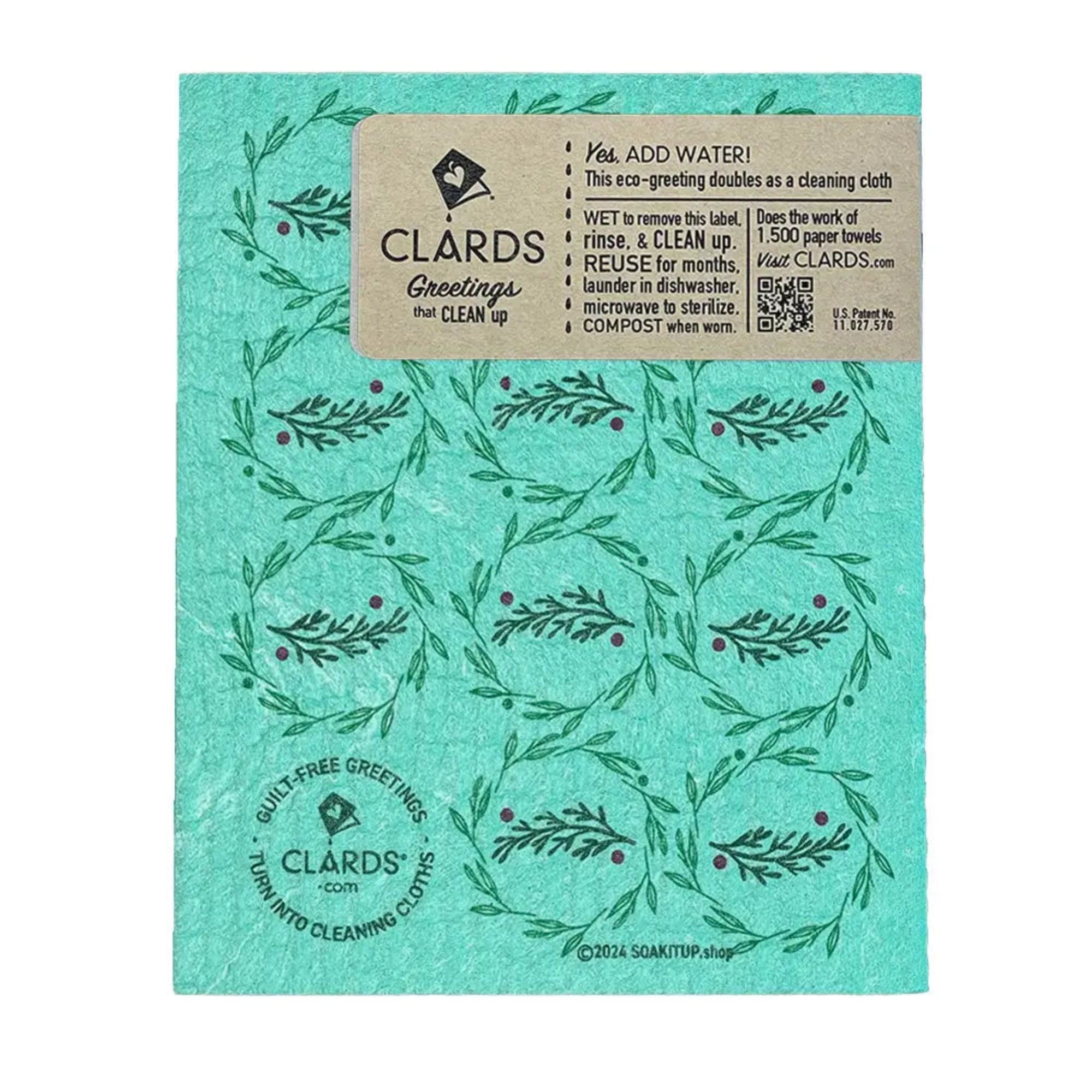 back of Joy Holiday Wreath Clard—Greetings that turn into reusable cleaning cloths soakitup.shop