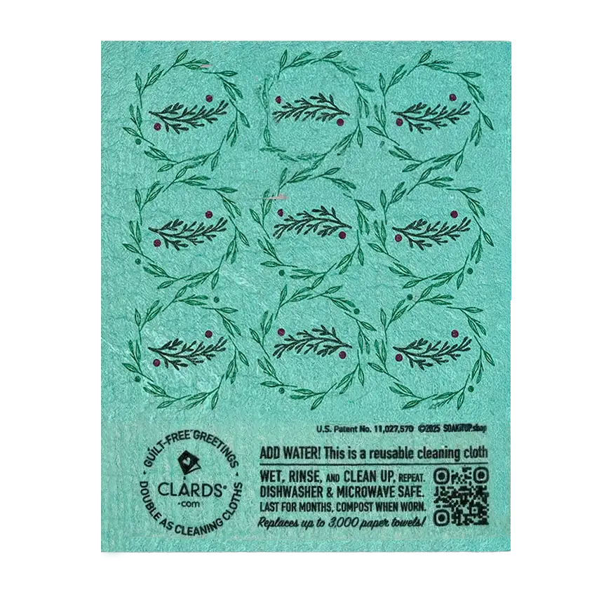 Teal eco-friendly cleaning cloth with black and red botanical joy wreath clard patterns from joy holiday wreath series