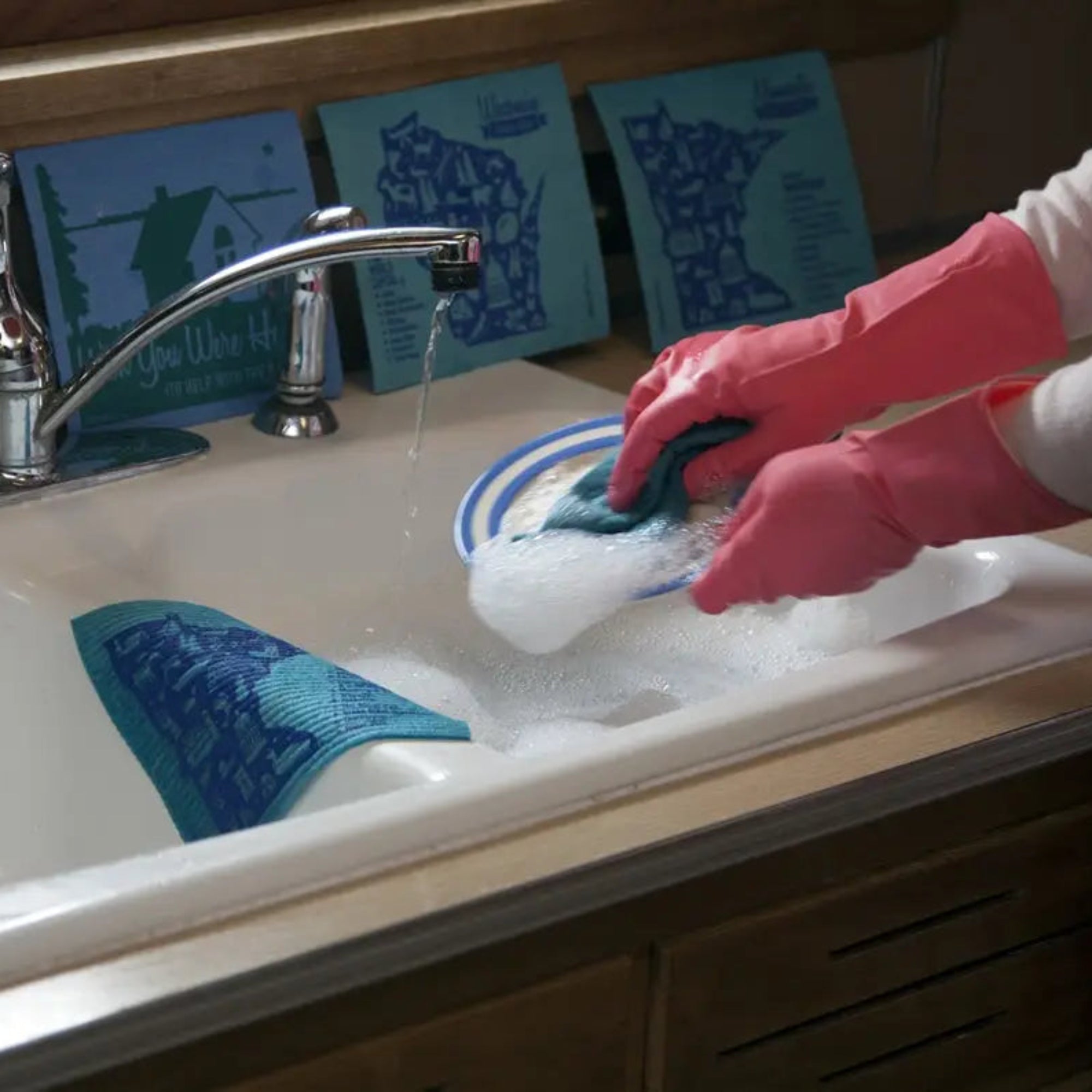 Swedish dishcloths being used at old fashioned sink soakitup.shop