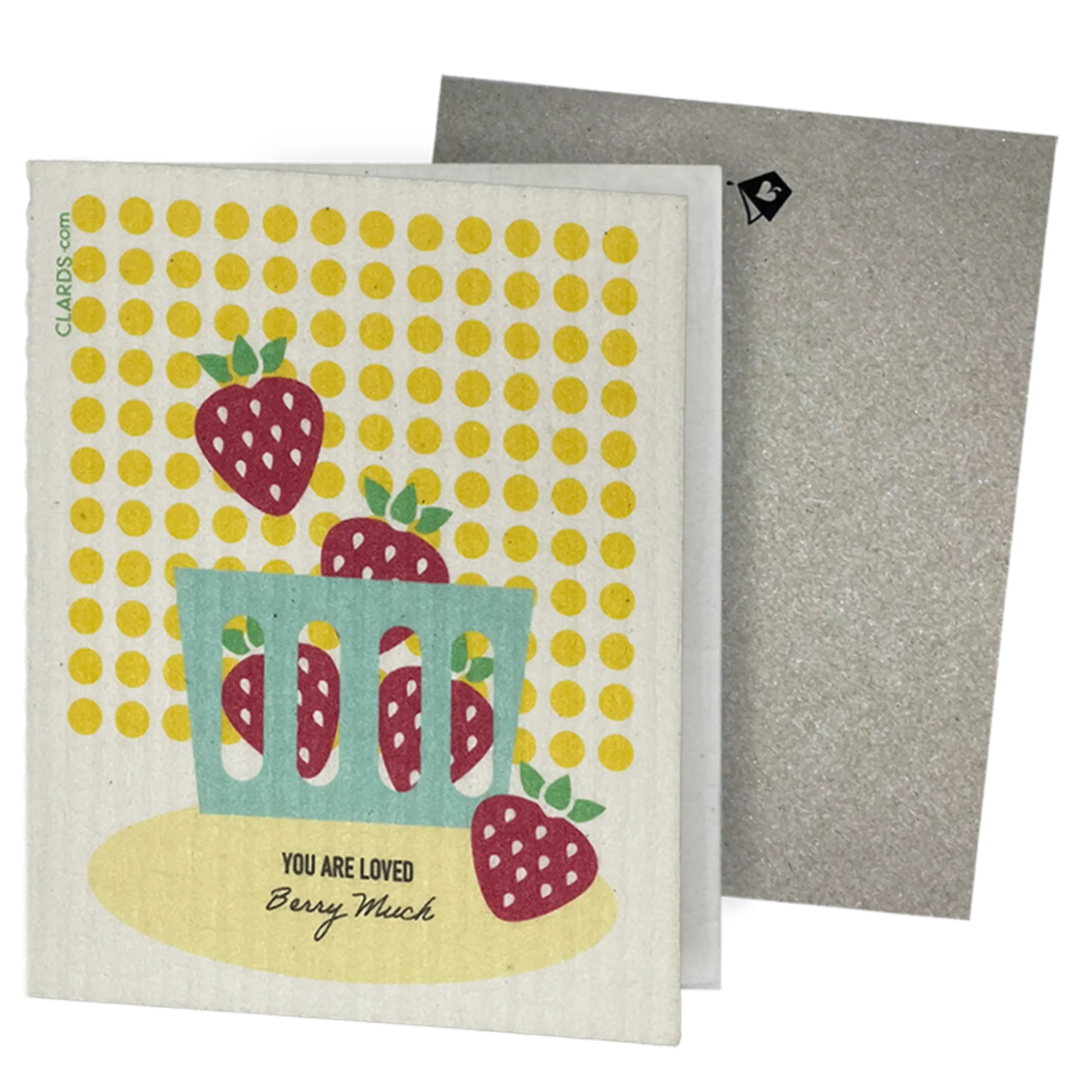 Card with strawberry design and text 'You are loved Berry Much' on a yellow polka dot background, with envelope. Clards eco-friendly greeting card turns into 2 reusable sponge cleaning cloths.