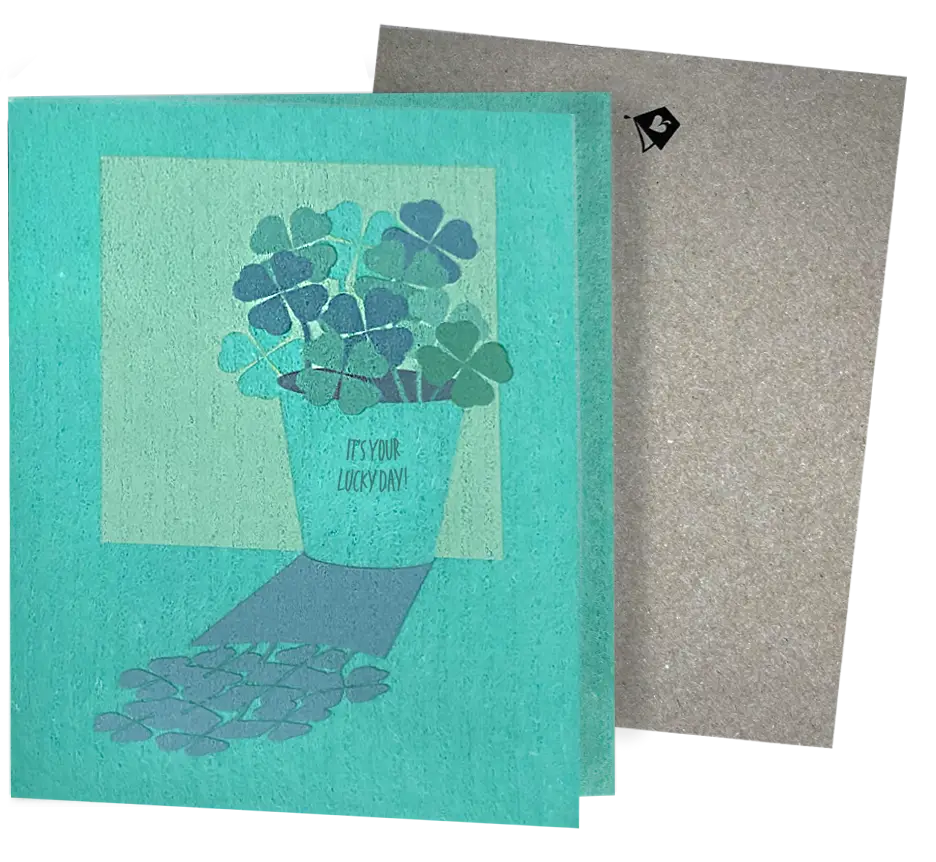 Teal lucky day eco greeting card with shamrocks that turns into microwave safe swedish sponge cloths like fungi frog