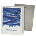 Load image into Gallery viewer, Clards eco-friendly greeting card -  blue wave design and whale illustration, featuring the text 'Make Waves'. - turns into 2 reusable sponge cleaning cloths. Swedish dishcloth greeting card clards.com
