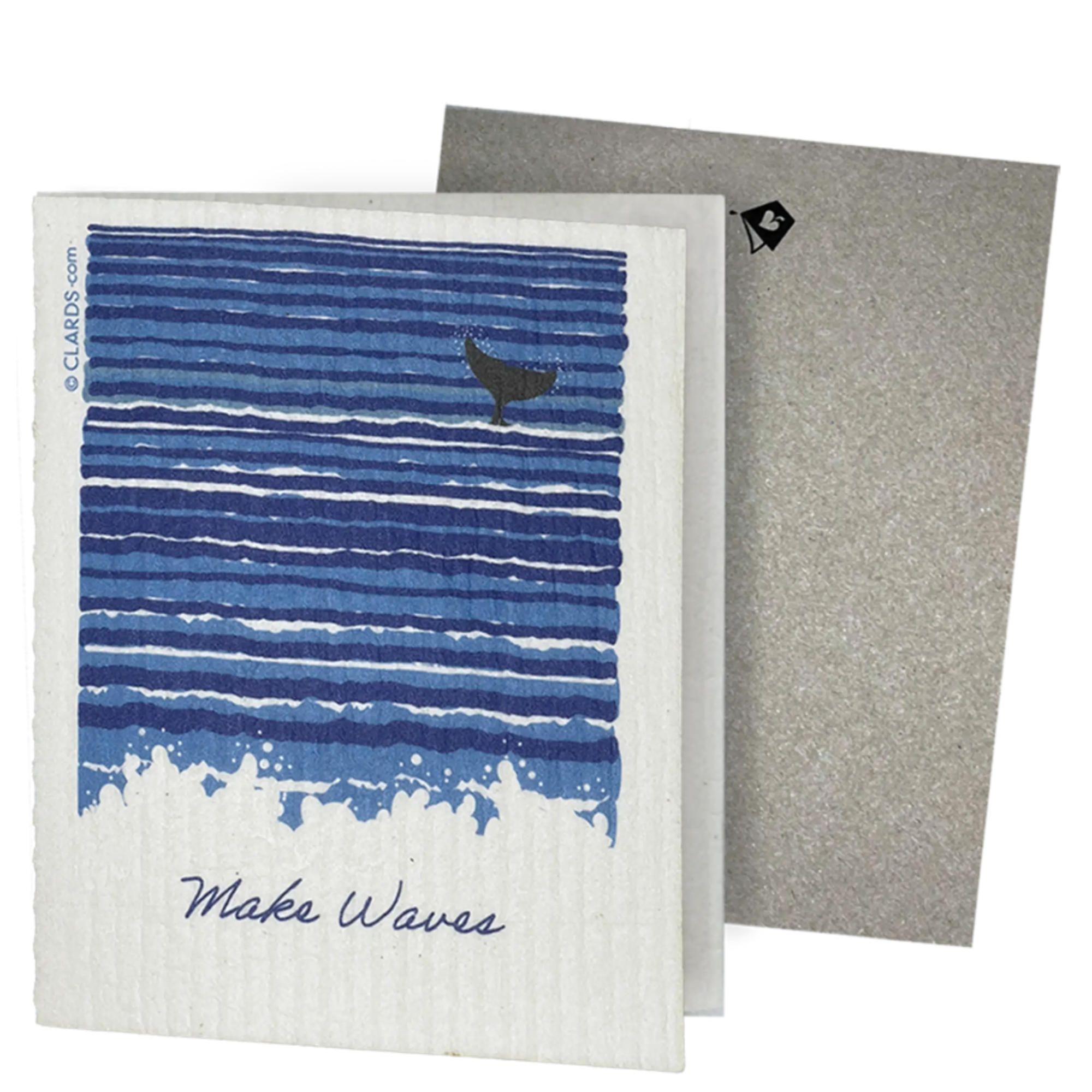 Clards eco-friendly greeting card -  blue wave design and whale illustration, featuring the text 'Make Waves'. - turns into 2 reusable sponge cleaning cloths. Swedish dishcloth greeting card clards.com