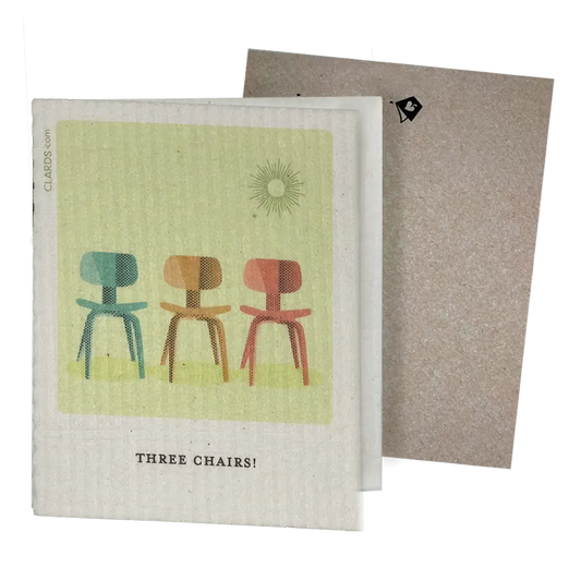 Clards eco-friendly greeting card - Mid-mod Three Chairs - turns into 2 reusable sponge cleaning cloths.