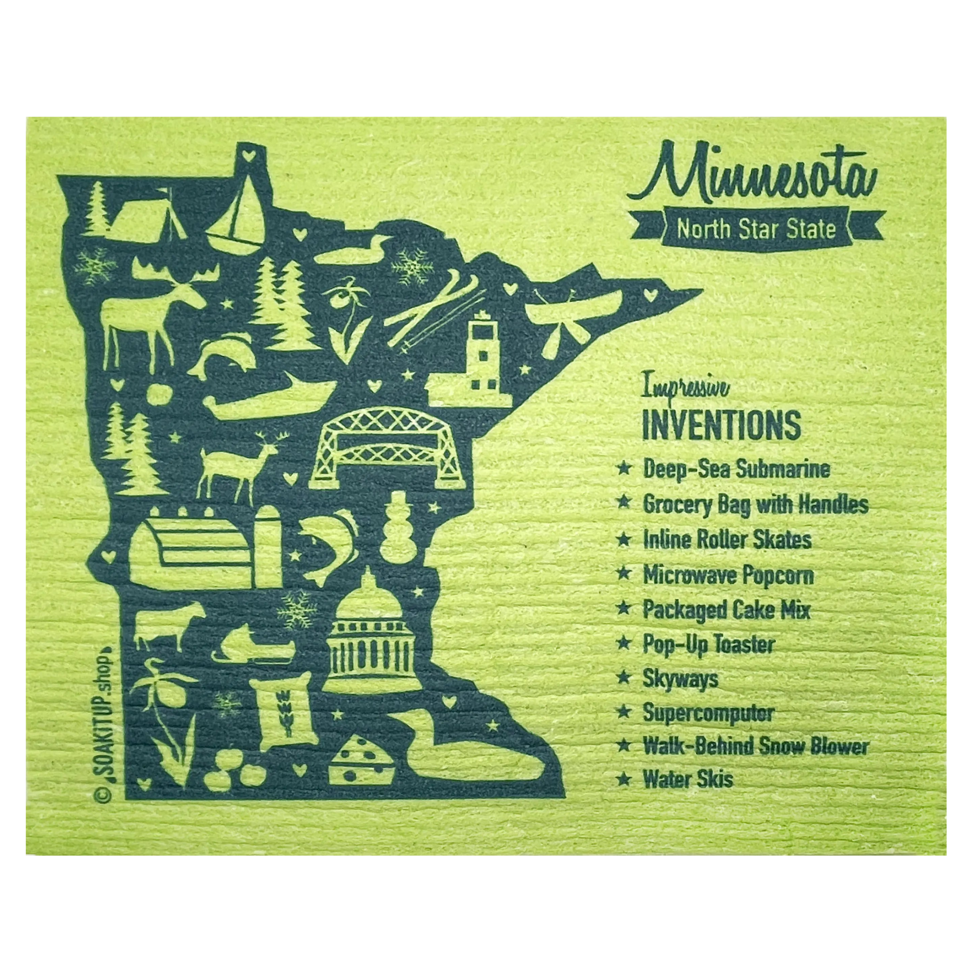 Minnesota Impressive Inventions Map - green - Swedish dishcloth soakitup.shop