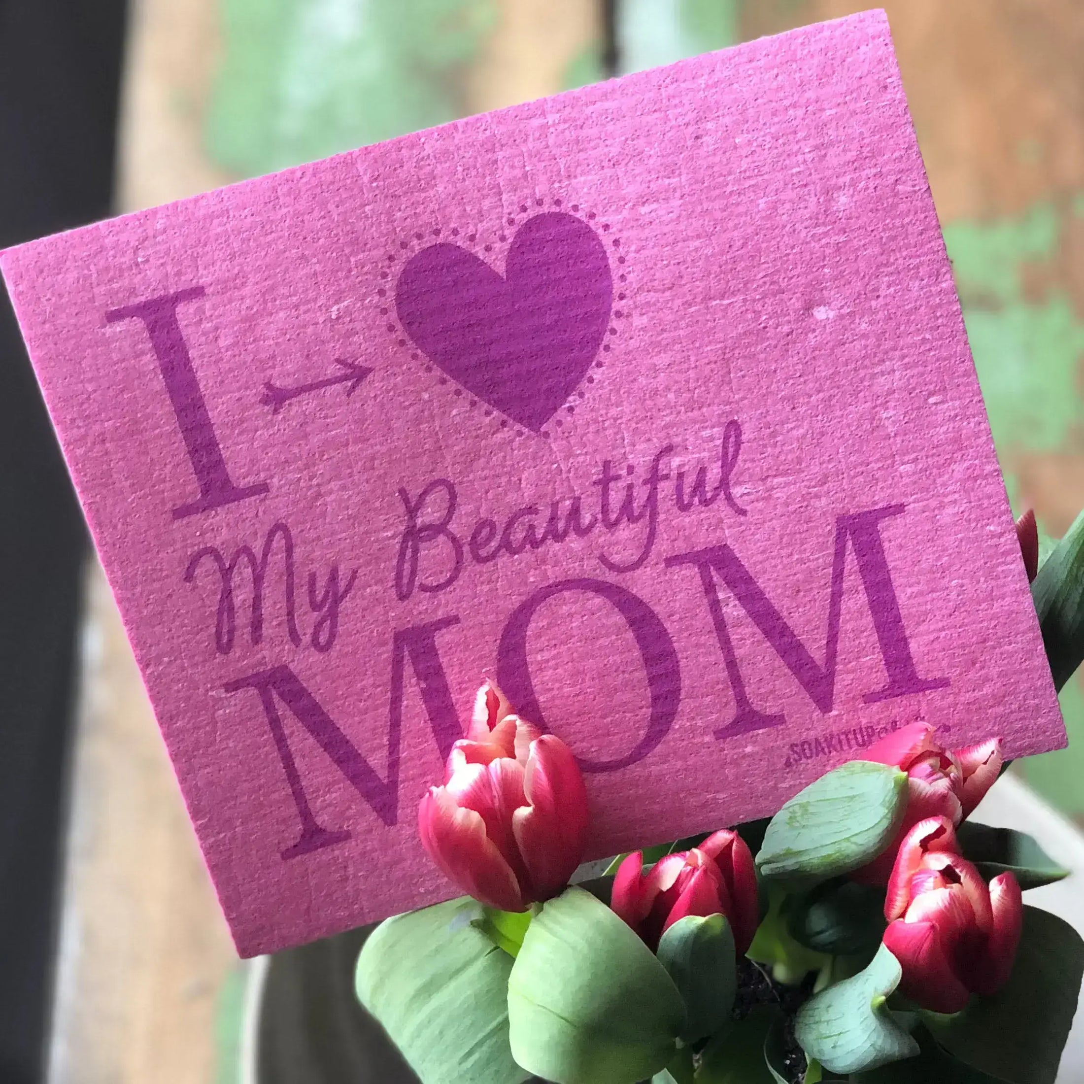 Bright pink I heart my beautiful MOM - Swedish Dishcloths from soakitup.shop