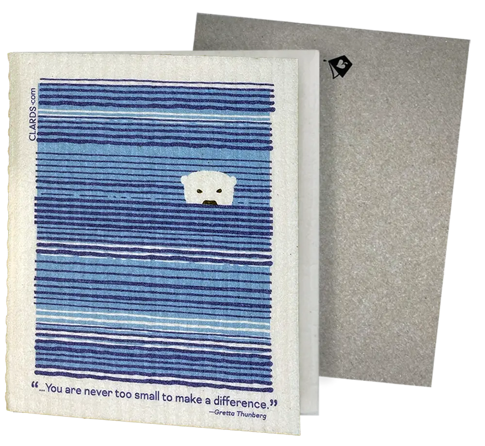  Clards eco-friendly greeting card - baby polar bear illustration You Are Never Too Small to Make a Difference  text- turns into 2 reusable sponge cleaning cloths
