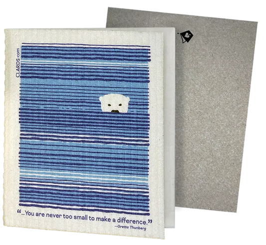  Clards eco-friendly greeting card - baby polar bear illustration You Are Never Too Small to Make a Difference  text- turns into 2 reusable sponge cleaning cloths