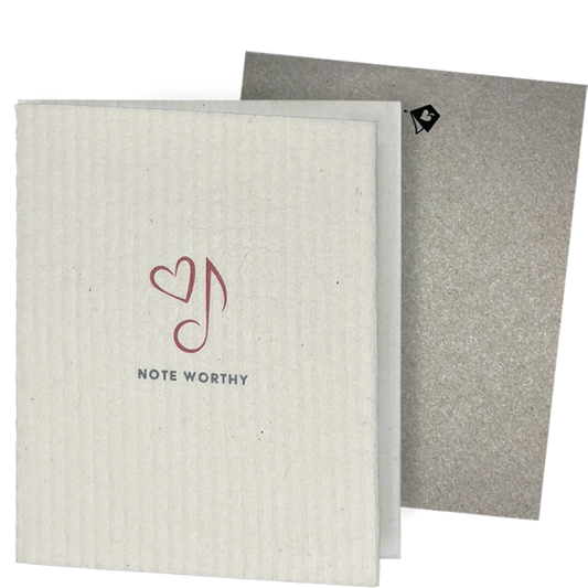 Clards eco-friendly greeting card - Music notes with heart 'Note Worthy'  - turns into 2 reusable sponge cleaning cloths. 