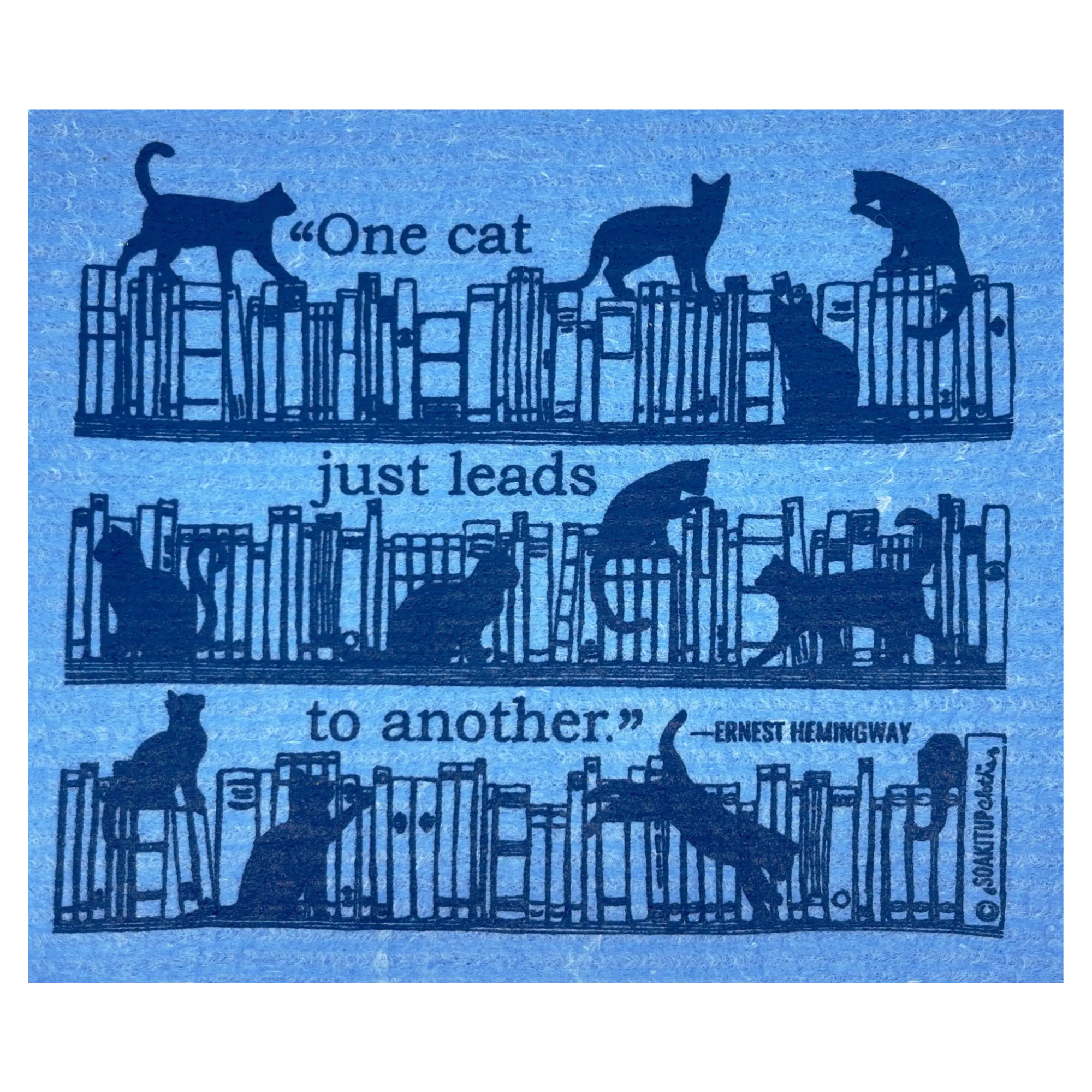 "one cat just leads to another"–Ernest Hemingway cute cats in bookshelves blue Swedish dishcloth soakitup.shop